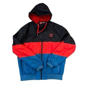 Puma Full Zip Nylon Windbreaker Jacket Coat Hood Mesh Lined Red/Black/Blue Large